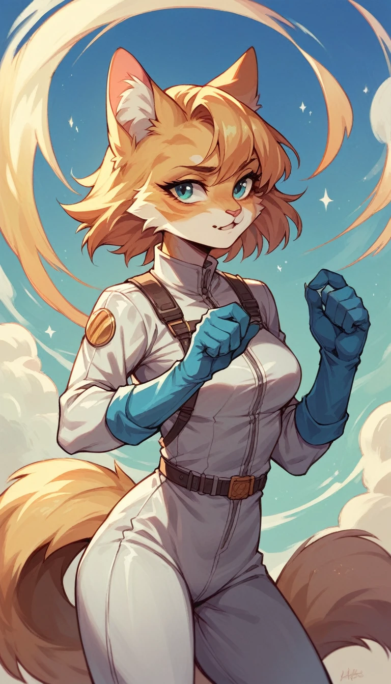 Golden furred female cat wearing shiny platinum jumpsuit, sky blue gloves, and silver ring on tail