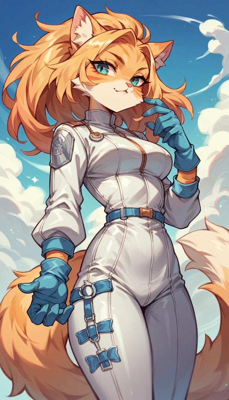 Golden furred female cat wearing shiny platinum jumpsuit, sky blue gloves, and silver ring on tail