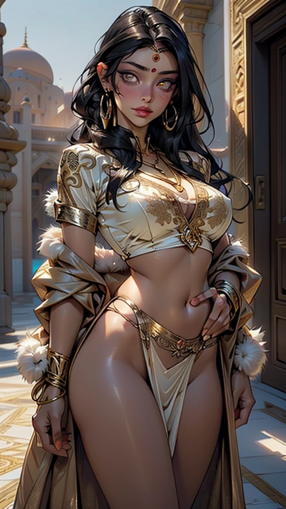 woman,1female,((milf,mom,mature,mature woman,4 female,adult)),((((indian girl)))),(large breasts:1.5),saggy breasts,(((black hair:1.4,dark hair,straight hair,long hair:1.4,colored inner hair))),(((gold_eyes:1.3))),intricate eyes,beautiful detailed eyes,symmetrical eyes,((((dark skin:1.4,lustrous skin:1.5,bright skin: 1.5,skin tanned,shiny skin,very shiny skin,shiny body,illuminated skin)))),(spider lower abdomen,narrow waist,wide hip,bimbo body,inflated legs,thick thighs),(((detailed face))),

(cute,slutty,sensual,seductive look,seductive,((erotic)),opulent,sumptuous,longingly,(nsfw)),

queen,goddess,fantasy,(arabian clothes, harem outfit, arabian dancing girl,belly dancer outfit,slave,leia slave outfit,jewelry,sheer loincloth, pelvic curtain, midriff, bracelets),((eyeshadow,elegant makeup,eyelid makeup,gold lips,gold lipstick)),((Transparent cloth:1.1)), (((Sexy fur coat, fur coat outfit, wearing a fur coat:1.3,winter coat))),(arabian jewelry,intricate necklace),(((intricate outfit,intricate clothes,embroidered outfit,ornate outfit))),

(dynamic pose:1.0),embarrassed,(centered,scale to fit dimensions,Rule of thirds),

inside,indoor,((palace in Arabia, palace in Arabia background)),scenery:1.25,((intricate scenery)),

(Glossy winter ornaments),highres,sharp focus,(ultra detailed,extremely detailed),(photorealistic artwork:1.37),(extremely detailed CG unity 8k wallpaper),(((vibrant colors,vibrant theme))),(intricate),(masterpiece),(best quality),artistic photography,(photography taken by sldr),(intricate background),perfect rendered face,perfect face details,realistic face,photo realistic,((intricate detail)),(((realism))),
