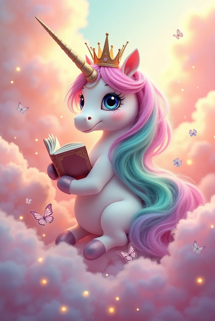 Cute unicorn with pink and aqua green mane with crown and glitter with colorful butterflies holding book and glasses on pink and orange clouds