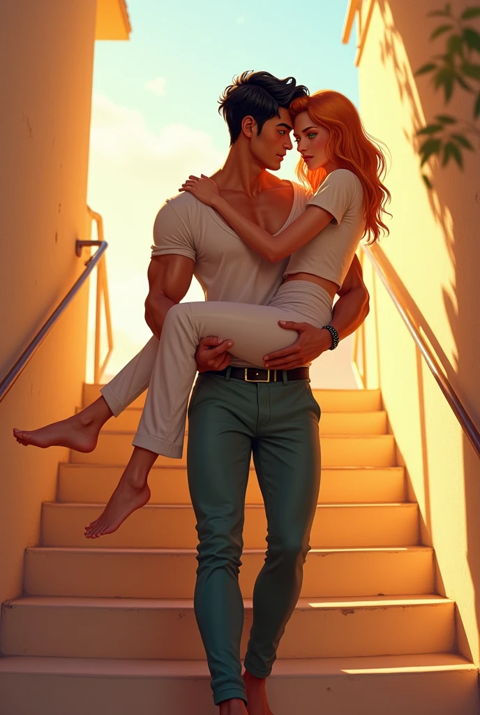 Extremely handsome man with defined body, green eyes, tanned skin, short wavy black hair, he is wearing formal pants with a belt in a bright environment, he is going up the stairs with his beloved partner on his lap, a beautiful woman with strawberry blonde hair and wearing a long t-shirt.
