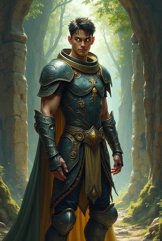 masterpiece, best quality, high quality, a tall muscular handsome young man, digital painting, Gatekeeper of prompts, Gatekeeper, Key, Portal, Fantasy, Fine Art, Digital Art, Magical, Mystical, Ethereal, Unique Style, Highly Textured, Intricate Details, Vibrant Colors, ((by J.R.R. Tolkien, by Salvador Dali, by Brian Froud)), absurdres, Dynamic Pose, Vigilant Stance, Gate, Fantasy Art, Magic, Protector, Surreal, Symbolic, (evil grin, grin), yellow eyes
