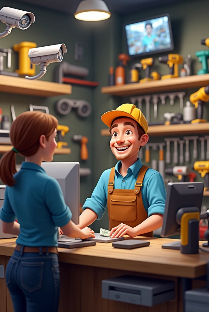 A man of approximately 3, smiling, who is working at the counter of a hardware store and has a computer with a barcode reader, cash drawer and you can see that in the hardware store there are tools like drills, grinders, screwdrivers, hammers etc., There are also surveillance cameras and a screen where surveillance images appear., hay un cliente smiling y pagando en efectivo. 