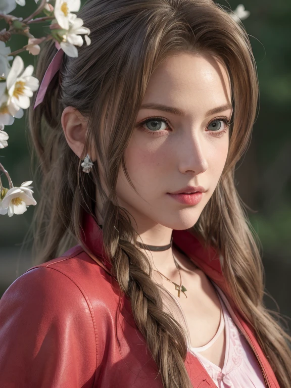 (masterpiece, best quality:1.4), (future days), (full of white flowers), (1 ultra hot sexy girl), ((1)), solo, (seductive european youth:1), aerith gainsborough, choker, cropped jacket, hair bow, bracelet, (((red jaket))), (((pink dress))), brown boots, very long hair, hair ribbons, hair flowers, strapless red dress, high heels hyperrealistic, high detailed skin, dslr, soft lighting, high quality, highly detailed face, highly detailed skin, skin pores, subsurface scattering, realistic pupils, medium breast, full face blush, full lips, detailed background, depth of field,  ((looking at viewer)), ((cowboy shot)), (realistic, hyperrealistic:1.4), 16k hdr, ,, 