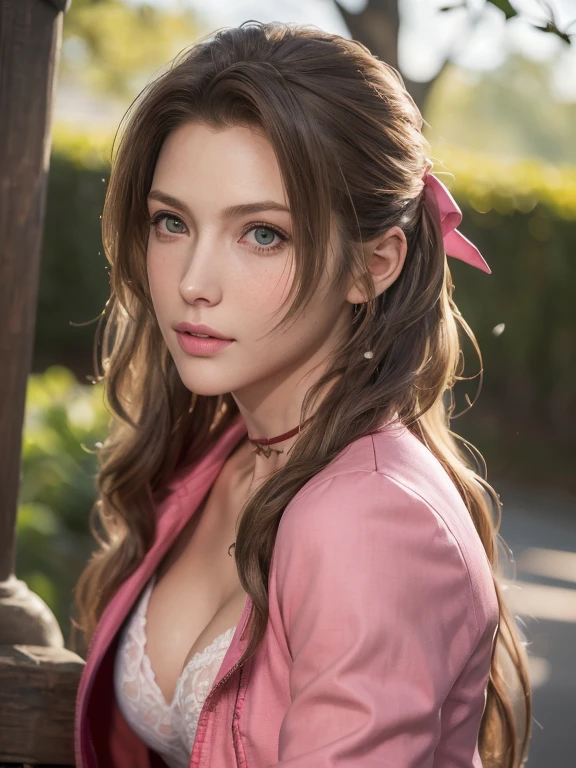 (masterpiece, best quality:1.4), (future days), (full of white flowers), (1 ultra hot sexy girl), ((1)), solo, (seductive european youth:1), aerith gainsborough, choker, cropped jacket, hair bow, bracelet, (((red jaket))), (((pink dress))), brown boots, very long hair, hair ribbons, hair flowers, strapless red dress, high heels hyperrealistic, high detailed skin, dslr, soft lighting, high quality, highly detailed face, highly detailed skin, skin pores, subsurface scattering, realistic pupils, medium breast, full face blush, full lips, detailed background, depth of field,  ((looking at viewer)), ((cowboy shot)), (realistic, hyperrealistic:1.4), 16k hdr, ,, 