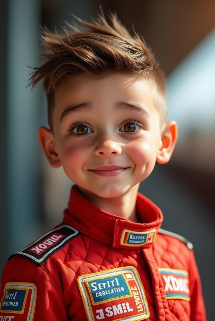 Create an image of a  boy, with beautiful face, big brown eyes, hair shaved on the sides and short on top, light brown color, beautiful smile with semi-thin lips, hootwels racing racer dress, full photo in png, where you can see their hotwels brand shoes 