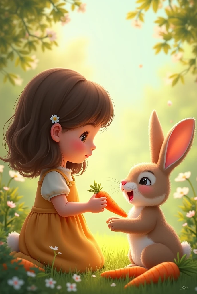 The girl is feeding the rabbit beautiful golden carrots, and the rabbit is happily eating them.