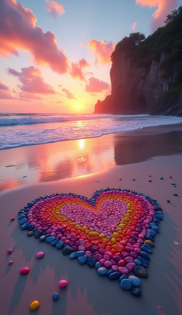 Create a high-resolution, surreal beach scene at sunset with rich, vibrant colors. The sky is filled with a blend of deep oranges, pinks, and purples, reflecting the soft, fading light of the setting sun. Fluffy clouds, tinged with these hues, float across the sky, adding to the tranquil atmosphere.

On the smooth, wet sand, which mirrors the colors of the sky, a large heart-shaped design is crafted from a variety of colorful pebbles and stones. Inside this heart, smaller, smooth stones in bright shades of pink, blue, yellow, and orange are arranged beautifully, creating a harmonious, colorful mosaic. The beach is sprinkled with tiny heart-shaped stones, some of which are floating gently in the air, adding a whimsical, dreamlike touch.

Gentle waves roll onto the shore, leaving behind intricate patterns of foam that also take the shape of hearts. In the distance, a rugged cliff covered with lush greenery stands tall, adding depth to the scene. The sun is setting just above the horizon, casting a warm, golden glow over the landscape, making the entire scene feel magical and romantic.

The overall mood of the image should evoke feelings of love, serenity, and wonder, with every detail crisp and visually captivating.