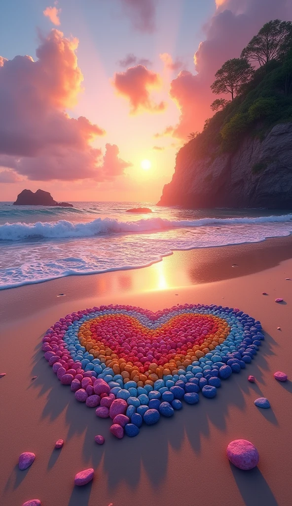 Create a high-resolution, surreal beach scene at sunset with rich, vibrant colors. The sky is filled with a blend of deep oranges, pinks, and purples, reflecting the soft, fading light of the setting sun. Fluffy clouds, tinged with these hues, float across the sky, adding to the tranquil atmosphere.
On the smooth, wet sand, which mirrors the colors of the sky, a large heart-shaped design is crafted from a variety of colorful pebbles and stones. Inside this heart, smaller, smooth stones in bright shades of pink, blue, yellow, and orange are arranged beautifully, creating a harmonious, colorful mosaic. The beach is sprinkled with tiny heart-shaped stones, some of which are floating gently in the air, adding a whimsical, dreamlike touch.
Gentle waves roll onto the shore, leaving behind intricate patterns of foam that also take the shape of hearts. In the distance, a rugged cliff covered with lush greenery stands tall, adding depth to the scene. The sun is setting just above the horizon, casting a warm, golden glow over the landscape, making the entire scene feel magical and romantic.
The overall mood of the image should evoke feelings of love, serenity, and wonder, with every detail crisp and visually captivating.