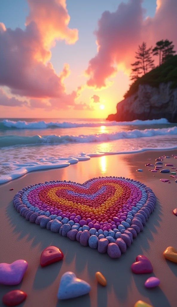 Create a high-resolution, surreal beach scene at sunset with rich, vibrant colors. The sky is filled with a blend of deep oranges, pinks, and purples, reflecting the soft, fading light of the setting sun. Fluffy clouds, tinged with these hues, float across the sky, adding to the tranquil atmosphere.

On the smooth, wet sand, which mirrors the colors of the sky, a large heart-shaped design is crafted from a variety of colorful pebbles and stones. Inside this heart, smaller, smooth stones in bright shades of pink, blue, yellow, and orange are arranged beautifully, creating a harmonious, colorful mosaic. The beach is sprinkled with tiny heart-shaped stones, some of which are floating gently in the air, adding a whimsical, dreamlike touch.

Gentle waves roll onto the shore, leaving behind intricate patterns of foam that also take the shape of hearts. In the distance, a rugged cliff covered with lush greenery stands tall, adding depth to the scene. The sun is setting just above the horizon, casting a warm, golden glow over the landscape, making the entire scene feel magical and romantic.

The overall mood of the image should evoke feelings of love, serenity, and wonder, with every detail crisp and visually captivating.