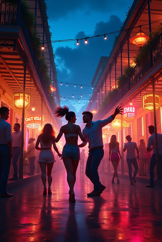 New Orleans at night on Bourbon Street with dancers in the background 