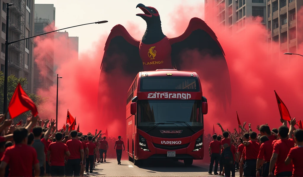 Flamengo fans following their bus. Huge vulture (mascot) in front. Red and black smoke.