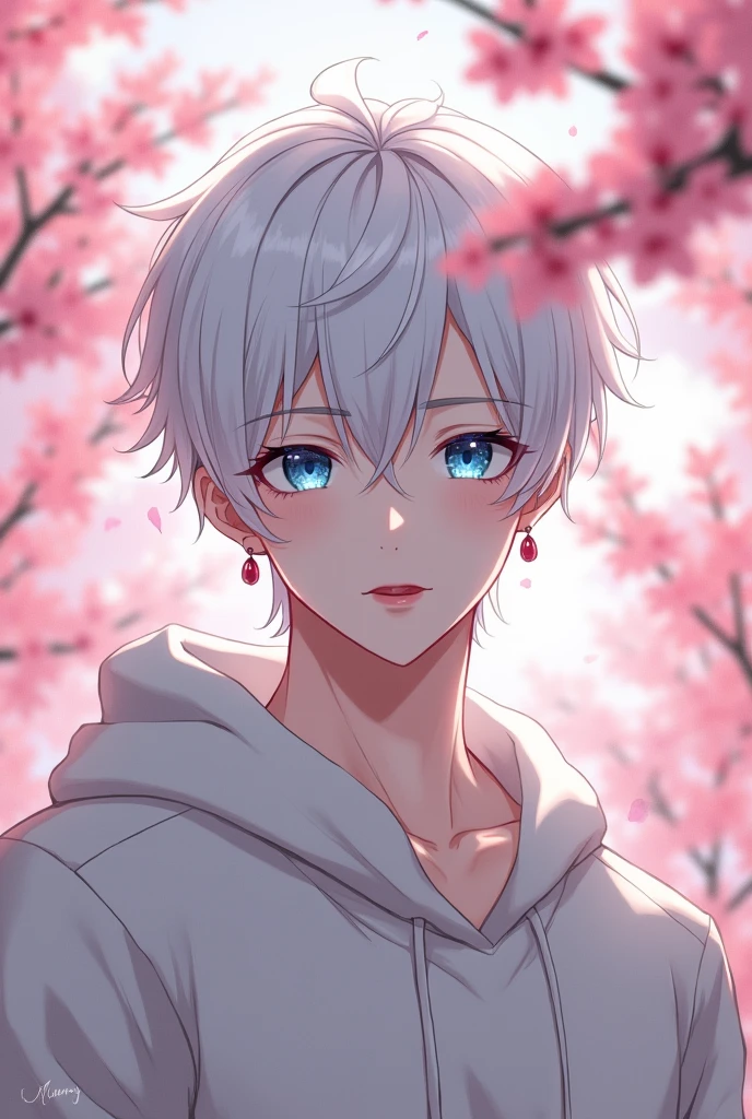anime character, White hair, Pale skin, light blue eyes, very Long white eyelashes, male, muscular, red small earrings, big glossy lips, cherry blossom trees, grey eyebrows, white sweater, 