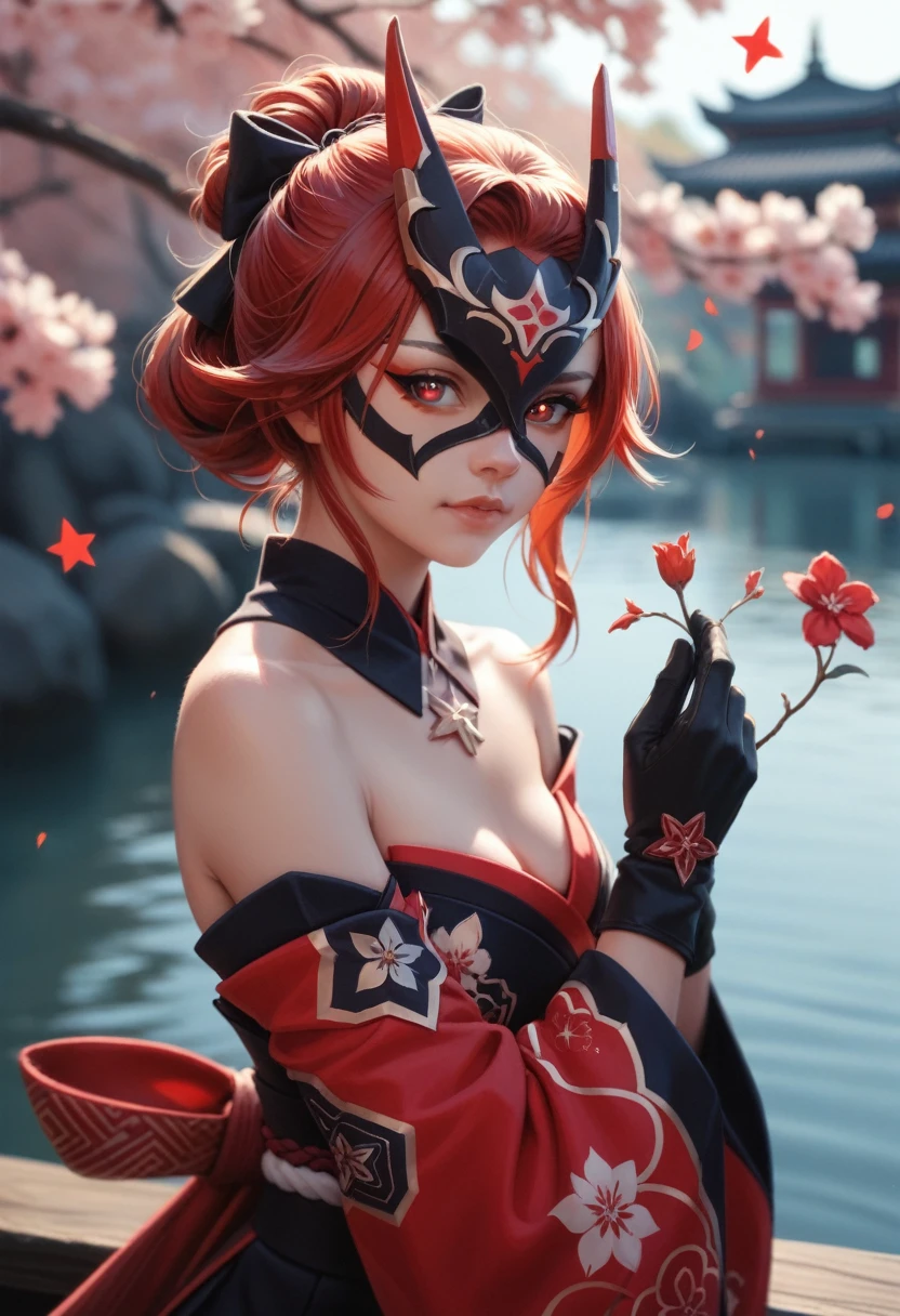 By personalami. sparkle \(honkai: star rail\),1girl,solo,gloves,mask,japanese clothes,black gloves,bare shoulders, black with red line hair, flower red eyes