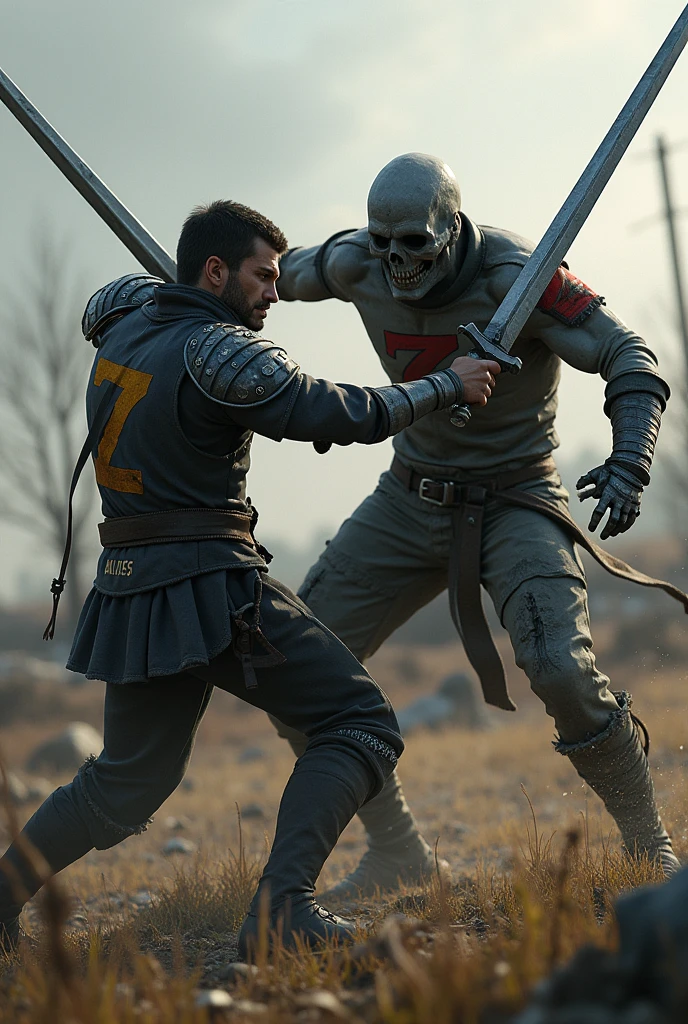 A Ukrainian warrior pierces an undead man with the letter Z on his shoulders with Arey&#39;s sword (photorealism)