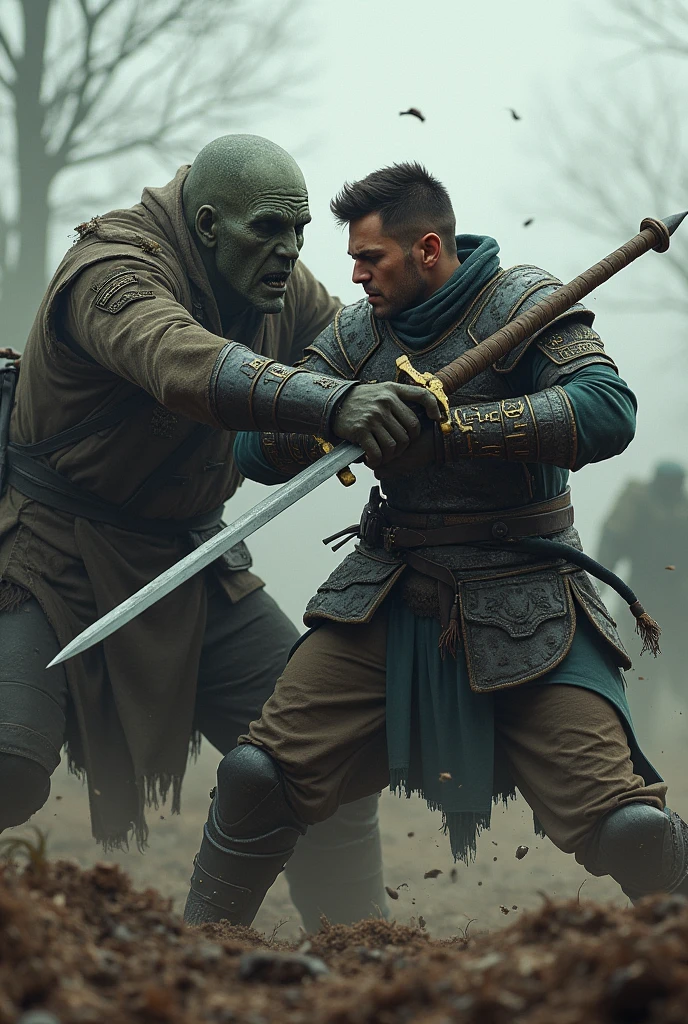 A Ukrainian warrior pierces an undead man with the letter Z on his shoulders with Arey's sword (photorealism)