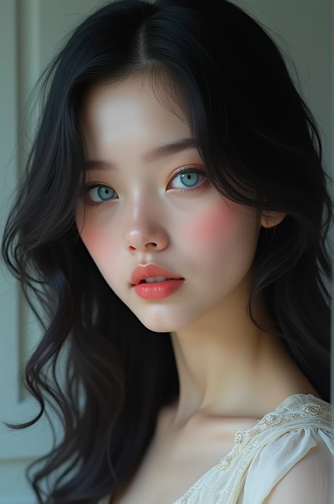 Beautiful lady with blue eyes and black hair