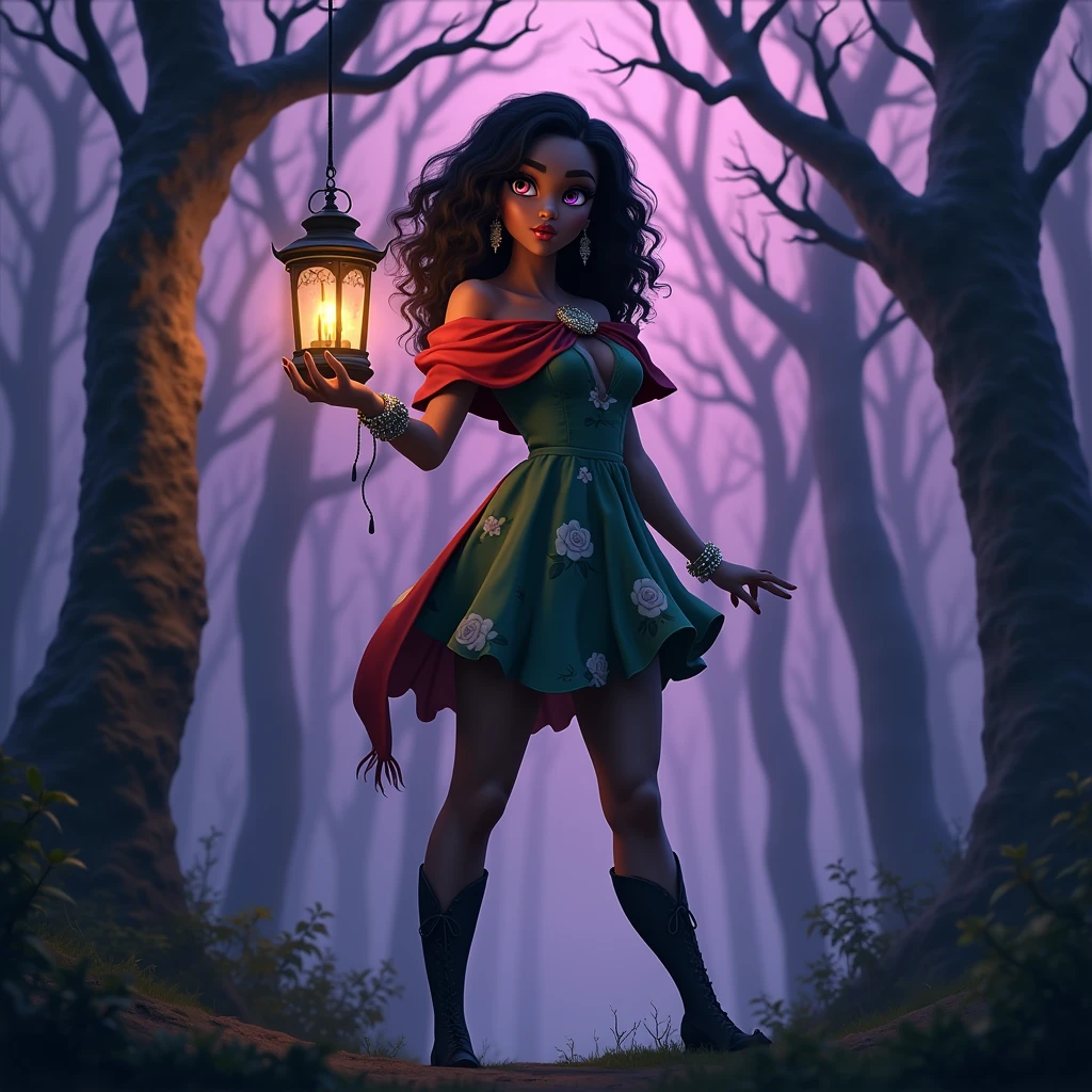a tall build girl, 1, brown skin, stunning heterochromia eyes (one red, one purple), a cute snub nose, plump lips, natural eyebrows, wearing a green dress with printed white roses, a red cape that hangs from her shoulder and flows down to her feet, a dragon-shaped silver-gold bracelet that wraps around her right hand and up to her neck, standing in the middle of an eerie dark forest with lanterns hanging from the trees, dark and eerie fantasy aesthetic, (best quality,4k,8k,highres,masterpiece:1.2),ultra-detailed,(realistic,photorealistic,photo-realistic:1.37),HDR,UHD,studio lighting,ultra-fine painting,sharp focus,physically-based rendering,extreme detail description,professional,vivid colors,bokeh,dark fantasy,cinematic lighting