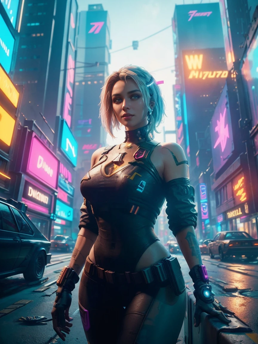 2 cyberpunk girl in a colorful Harajuku pop outfit, Cowboy shot, the wind, Real Pile, big blue eyes, 8K, 1 / 2 body crop, thigh gap, camel toe, a perfect face, the perfect body, messy hair, Highly detailed eyes, Highly detailed face, ((Cyberpunk 2077 cityscape)), (Cyberpunk aesthetics and atmosphere:1.3), Bright colors, Smiling, ((Cinematic lighting)), (intricate details:1.2), (hdr, hyperdetailed:1.2), (natural skin texture, hyperrealism, soft light, sharp)