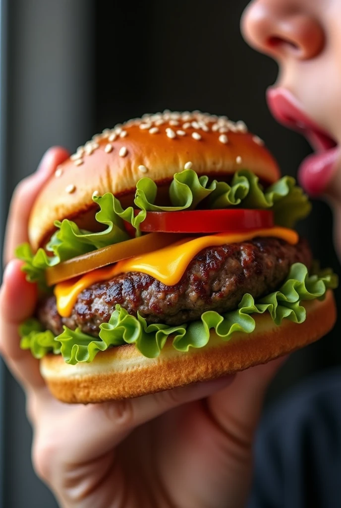 "Craft a high-definition, close-up shot of a person about to indulge in a perfectly assembled Burger King burger. The burger should be visually stunning, with layers of a juicy, char-grilled beef patty, oozing melted cheese, crisp lettuce, fresh tomatoes, and a perfectly toasted sesame seed bun. Capture the moment of anticipation as the person’s hand reaches for the burger, with a slight glisten of moisture on their lips, reflecting pure craving. The composition should emphasize the textures and colors of the ingredients, with a softly blurred background that keeps the focus solely on the burger’s mouth-watering appeal. The overall tone should evoke a sense of indulgence and irresistible temptation, making the viewer yearn for that first satisfying bite.