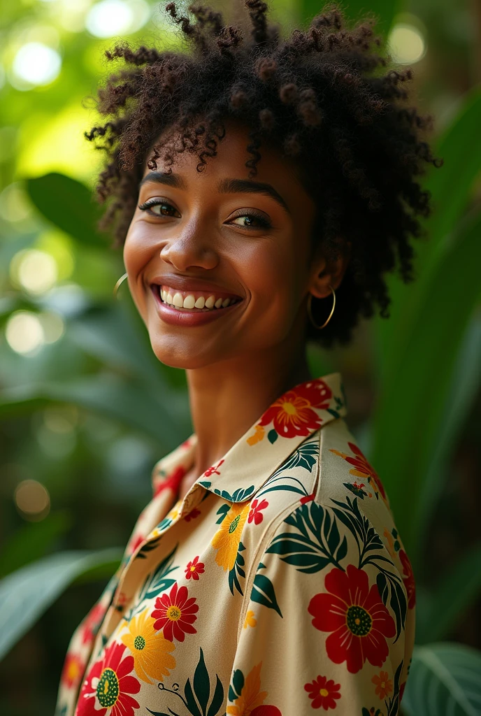 A Brazilian woman in a lush tropical garden, wearing an open shirt with a floral print, with a close-up capturing the harmonious beauty between her breasts and the natural flowers, showing off your natural charm and outgoing personality.