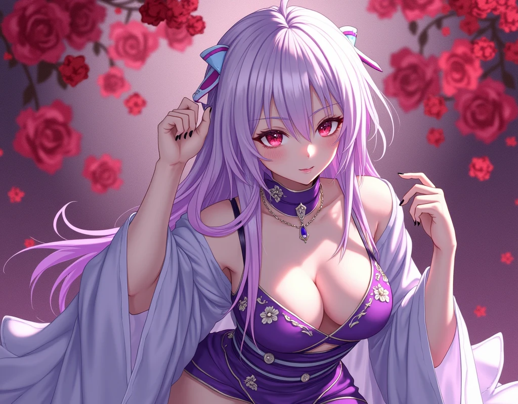 1girl, wearing stylish modern revealing clothing, albino, pink and purple hair , purple rose background, japanese and European, perfect tits, perfect dream face , non revealing , stylish tunic, crouching, seductive , red rose Japanese traditional background , passionate tits rubbing, white skin colour, feather hairstyle, seductive pose, purple colour outfit