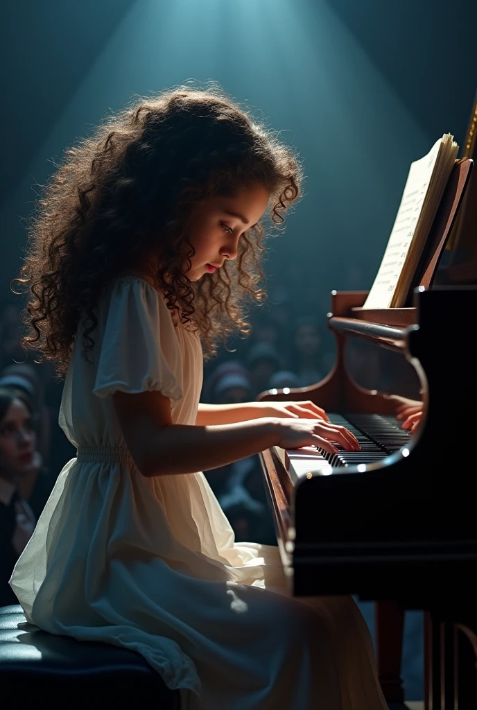 Curly haired teenage girl playing piano in front of audience 