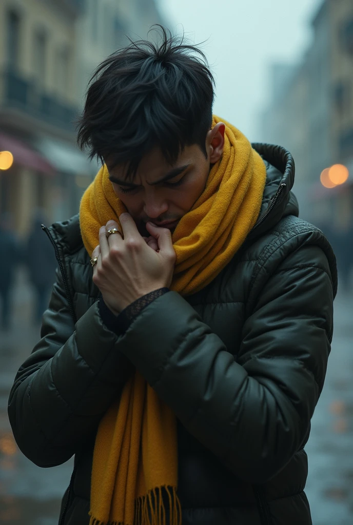 a REMORSEFUL young man hugging a woman's yellow scarf in hands and crying is despair. The man should be on an empty street