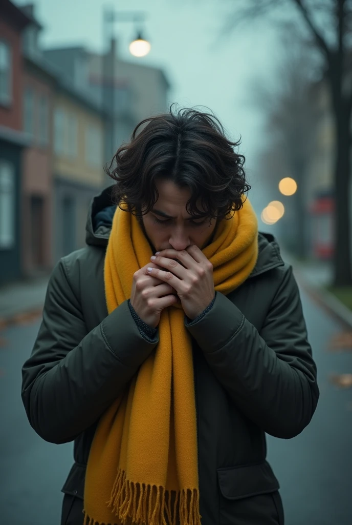 a REMORSEFUL young man hugging a woman's yellow scarf in hands and crying is despair. The man should be on an empty street