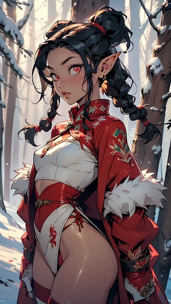 cute elf ,girl, 1girl,(((little ,tiny little body,small))),((())),((anime elf with extremely cute and beautiful braided hair)),(((elf, elf ears))),
(((flat chest))),((((black hair:1.35,twintails braids hair,colored inner hair,ear breathing)))),(((red_eyes:1.3))),intricate eyes,beautiful detailed eyes,symmetrical eyes,big eyes:1.5,(((lustrous skin:1.5,bright skin: 1.5,skin tanned,shiny skin,very shiny skin,shiny body,plastic glitter skin,exaggerated shiny skin,illuminated skin))),(,detailed body,detailed arms,(detailed face)),
cute,slutty,erotic,daring,nsfw,
zettai ryouiki,revealing clothing,show skin,(((Sexy red fur coat, red fur coat outfit, wearing a red fur coat:1.3,red winter coat))), ((red mini-skirt,red mini skirt with furry edge,visible thong straps)),((underpants strap)),(white gloves,red clothes,semi-naked,with little red clothing,(((furry edge clothing)))),(((intricate outfit,intricate clothes,embroidered outfit,ornate outfit,embroidered clothes,ornate clothes))),
(dynamic pose:1.0),embarrassed,(centered,scale to fit dimensions,Rule of thirds),
((snowy pine forest)),winter,scenery:1.25,((intricate scenery)),((snow forest background)),Christmas tree,
(Glossy winter ornaments),highres,sharp focus,(ultra detailed,extremely detailed),(photorealistic artwork:1.37),(extremely detailed CG unity 8k wallpaper),(((vibrant colors,vibrant theme))),(intricate),(masterpiece),(best quality),