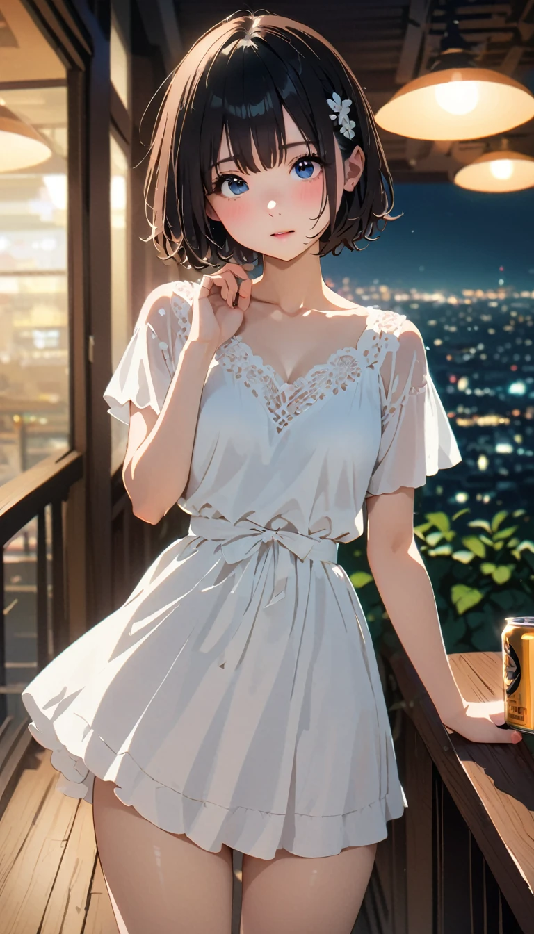 (masterpiece, Highest quality:1.2), girl、Balcony of a high-rise apartment ((Drinking a can of beer alone、The cityscape spreads out at night、Looking at the brightly lit streetscape))(Highest quality:1.2), 8k, 1, 85mm, Official Art, RAW Photos, Absurd, White Dress、Cute Face, Viola Lace, Gardenia, beautiful girl, Squeeze the waist, Thighs, Short sleeve, short hair、short hair,No makeup, (smile:0.4), Film Grain, chromatic aberration, Sharp focus, Face Light, Bright lighting, , Detailed face