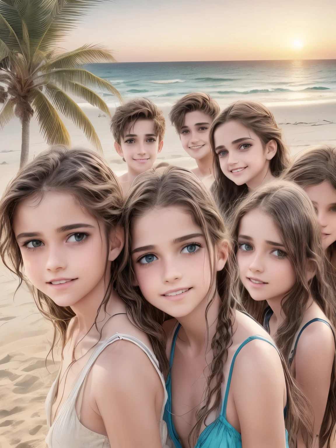 a group of boys and girls near the beach on a summer night, beautiful detailed eyes, beautiful detailed lips, extremely detailed eyes and face, long eyelashes, age, candid, natural outdoor lighting, sunset sky, crashing waves, sand, palm trees, vibrant colors, cinematic, dramatic, 8k, high resolution, photorealistic, hyper detailed, stunning, masterpiece