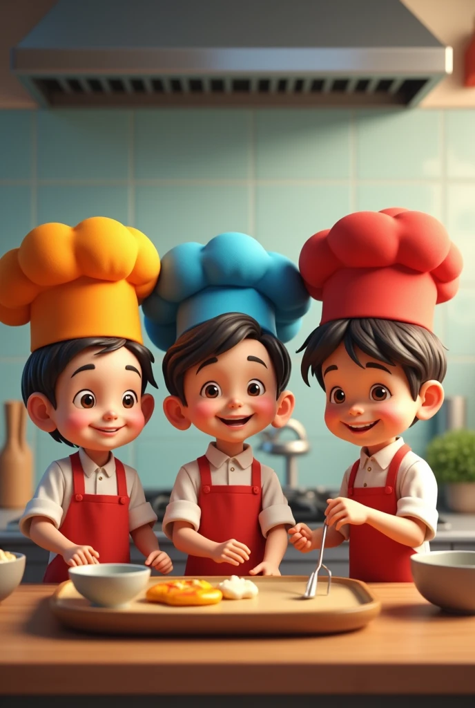 THREE CHEF CHILDREN WITH RED, GREEN AND BLUE CAPS