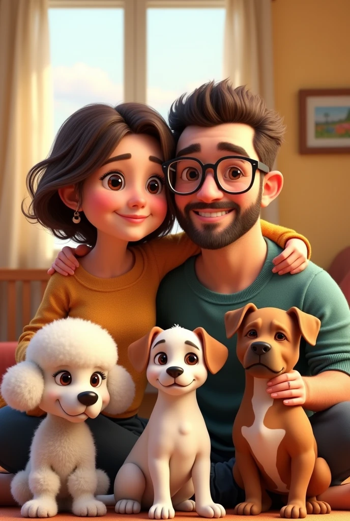 Pixar Disney type A cartoon of a family formed by the mother, A lady of about 60 years old, short black hair, shoulder length, parted in the middle, tender eyes, small nose y hermosa sonrisa, with a chubby body. With his son, a strong, athletic 2 boy, sportsman, con tender eyes, small nose y sonrisa, with short beard. His daughter is a plump 3 woman, Brown hair with a middle part, with a bun, big glasses, tender look, beautiful smile, small nose. The three of them form a beautiful family, They have three dogs, a white poodle puppy with beige ears, A cheerful white Jack Russell with a brown patch over his right eye, and a light brown one, Pitbull, big size fat, Serious but with a good dog look.