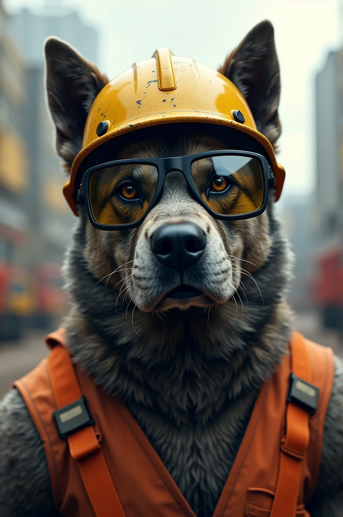 Brazilian Phila dog with a helmet and work glasses