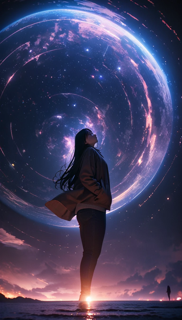 8k,wallpaper of extremely detailed CG unit, ​masterpiece,hight resolution,top-quality,top-quality real texture skin,hyper realisitic,increase the resolution,RAW photos,best qualtiy,highly detailed,the wallpaper,cinematic lighting,ray trace,golden ratio, BREAK ,many stars twinkling in a beautiful bright summer night sky, long exposure starry sky with many circular orbits, silhouette of a young woman with long hair with her hands in her pants pockets looking up at it, photo taken from long distance, photo from below, beautiful kaleidoscope multiple exposures overlapping
