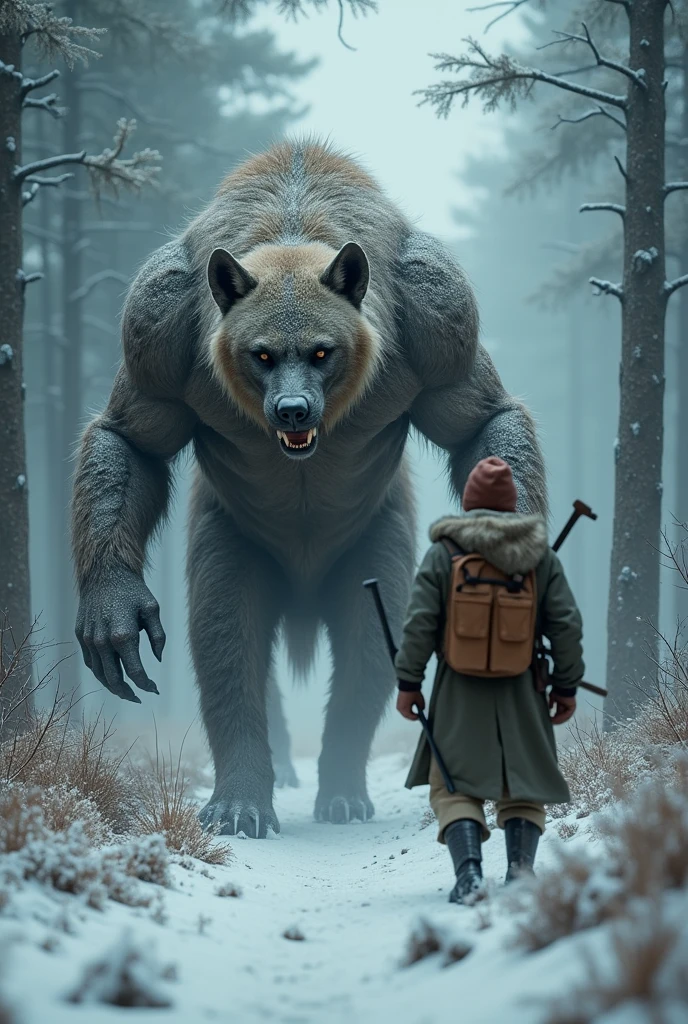 To create an image that surpasses the first one in terms of realism using the free version of SeaArt AI, here’s a detailed prompt tailored for the tool:
### Prompt for SeaArt AI:
"Create an ultra-realistic image of a massive, lifelike hyena-like creature standing in a dense, snow-covered forest. The creature should have highly detailed, photorealistic fur with snowflakes clinging to it. The scene should feature natural, soft lighting that casts realistic shadows, with atmospheric fog adding depth to the background. The human figure in the scene should be dressed in weathered winter clothing, with visible texture and natural folds, holding a worn, realistic weapon. The snow on the ground should show detailed footprints, and the interaction between the environment and characters should be meticulously realistic. Use a muted, natural color palette, emphasizing lifelike anatomy and emotionally expressive eyes for the creature. The overall composition should evoke a sense of tension and realism, with every element rendered in high detail."
### Key Features:
- **Ultra-realistic**: Ensures the highest possible level of detail.
- **Photorealistic fur and textures**: Specifies the realistic rendering of fur, snow, and clothing.
- **Natural lighting and shadows**: Ensures lighting that interacts naturally with the environment.
- **Atmospheric fog**: Adds depth and realism to the scene.
- **Emotionally expressive eyes**: Adds life to the creature, making it more engaging.
- **Muted, natural color palette**: Keeps colors grounded in reality.