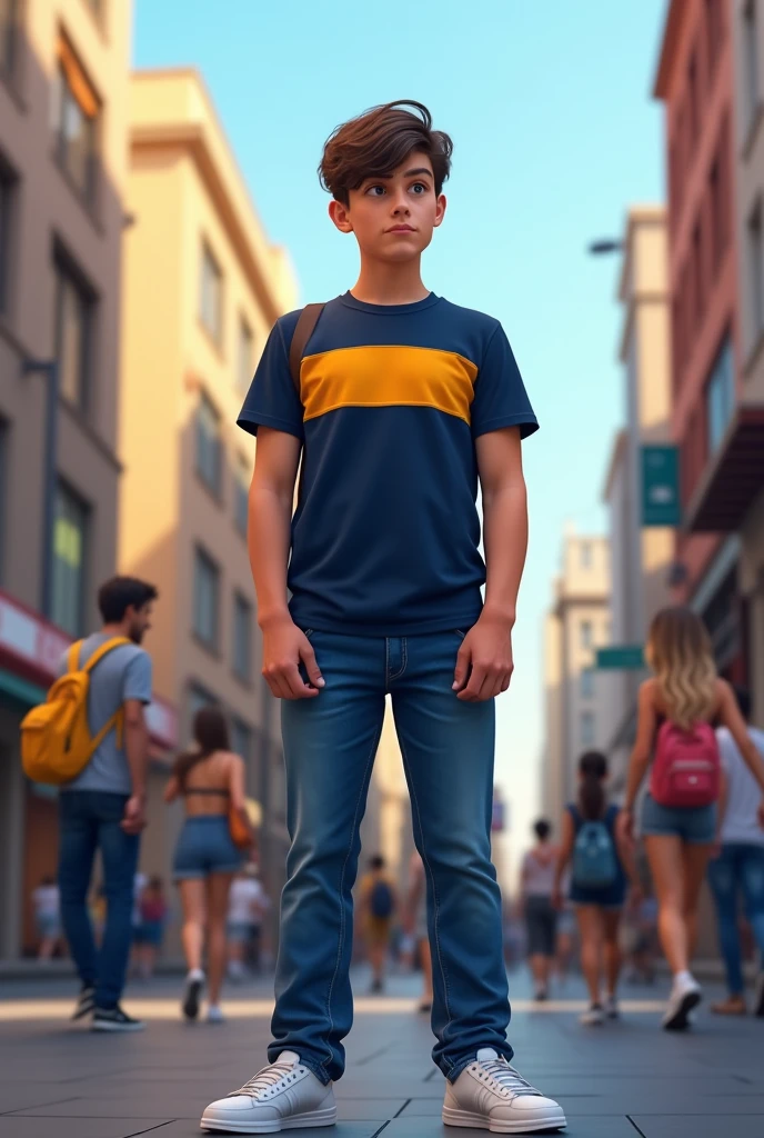 A teenager in a busy city center. with blue jeans, White sneakers. navy blue shirt, with a yellow horizontal stripe at belly level. He looks seriously at the camera.