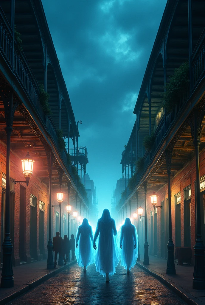 New Orleans at night on Bourbon Street with the ghosts of the past