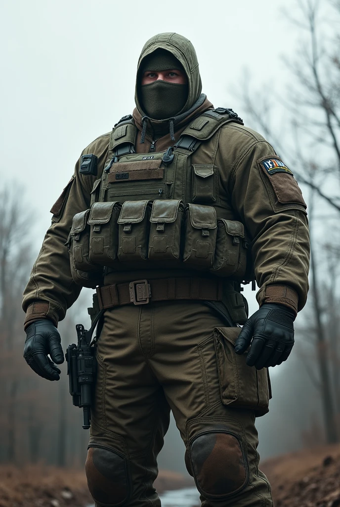 ultra realistic 8k, A white man. Heavy Infantry Army Soldier(ultra reslista). He wears a camouflage balaclava . Muscular and corpulent physique of 2,30 meters high(Realist 8K). He wears a uniform of the Ukrainian heavy infantry.