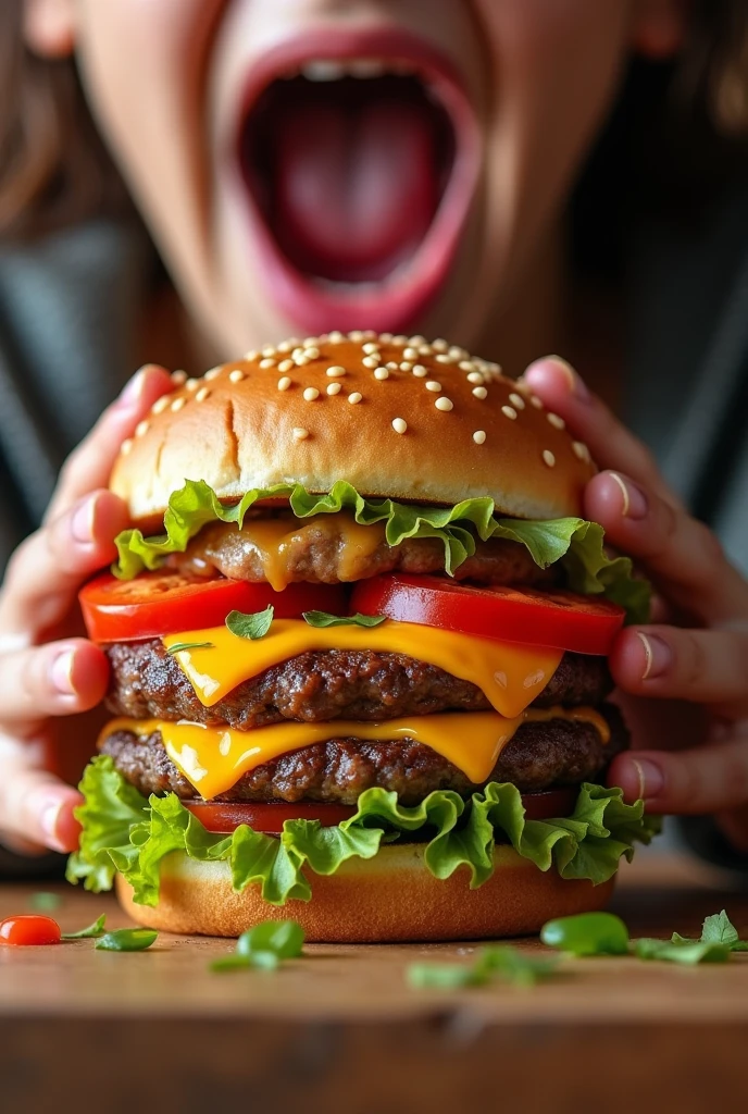 Create a visually captivating scene of a person eagerly grabbing a large, mouth-watering Burger King burger. The burger should be overflowing with fresh ingredients—juicy beef patty, melted cheese, crisp lettuce, ripe tomatoes, and a soft sesame seed bun. The person's hand should be poised, ready to take a big bite, with a close-up of their mouth showing a slight drool, emphasizing the anticipation and hunger. The background should be blurred to focus attention on the burger, highlighting its irresistible appeal and making the viewer crave it instantly.