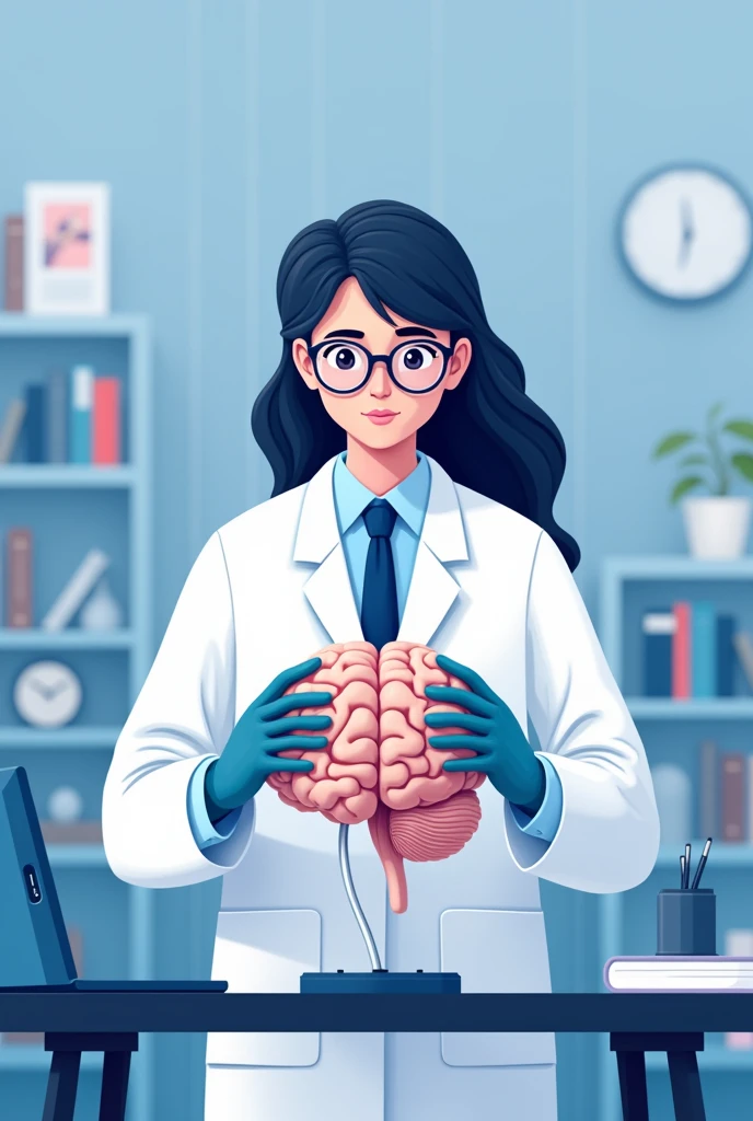 psychotherapy icon of a psychologist examining a brain , use cores #7D9EB9 #265E8F #265E8B