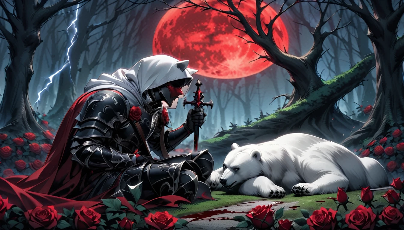 Male knight with a white hood with bear ears with sword behind his back sits on the ground towards a polar bear in a forest while the moon shines, many Roses cover the ground and lightning falls from the sky. The polar bear sleeps in front of the knight. Only the man wears a red blindfold. In the background of the picture is the blood moon and a tree has fallen down in the path. The forest is full of trees with leaves. The armor of the man is black and red roses decorate it. The knight has its sword in his hand.