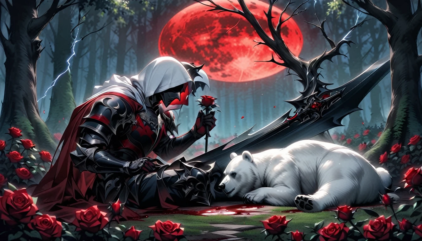 Male knight with a white hood with bear ears with sword behind his back sits on the ground towards a polar bear in a forest while the moon shines, many Roses cover the ground and lightning falls from the sky. The polar bear sleeps in front of the knight. Only the man wears a red blindfold. In the background of the picture is the blood moon and a tree has fallen down in the path. The forest is full of trees with leaves. The armor of the man is black and red roses decorate it. The knight has its sword in his hand.
