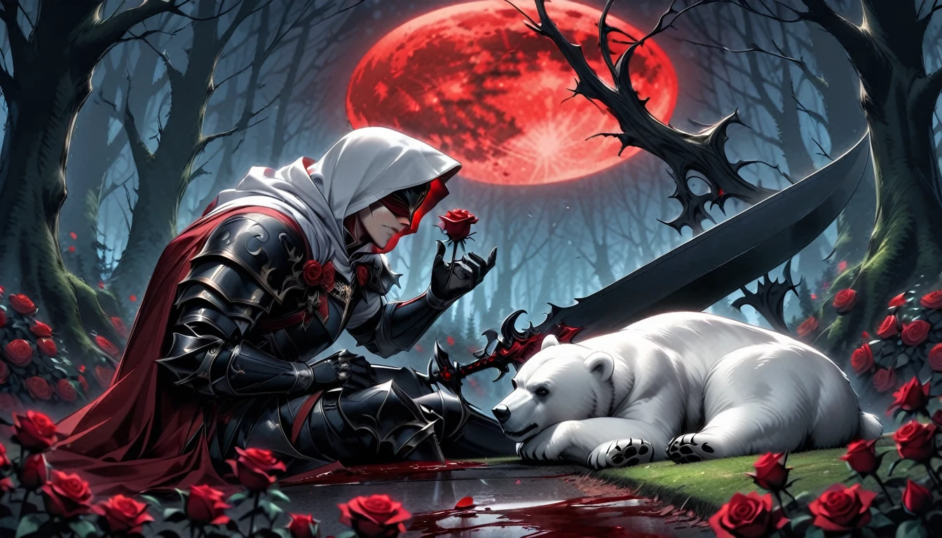 Male knight with a white hood with bear ears with sword behind his back sits on the ground towards a polar bear in a forest while the moon shines, many Roses cover the ground and lightning falls from the sky. The polar bear sleeps in front of the knight. Only the man wears a red blindfold. In the background of the picture is the blood moon and a tree has fallen down in the path. The forest is full of trees with leaves. The armor of the man is black and red roses decorate it. The knight has its sword in his hand.
