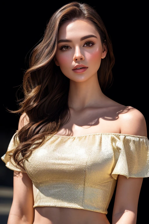 seductive pose of European girl:1.3 , RAW, beautiful woman:1.3 , semi-open strawberry lip, dimples, wistful expression, (brown hair with extra long wavy), ((detailed face)), ((detailed facial features)), (fine detailed skin), pale skin, (off-the-shoulder crop top dress), cyberpunk megacity environment, ( Cool colors), wet, damp, reflective, (masterpiece) (perfect proportions) (realistic photos) (highest quality) (detail) shot with Canon EOS R5, 50mm lens, f/2.8, HDR, (8k) (wallpaper) (cinematic lighting) (dramatic lighting) (sharp focus) (complex), RAW , gigachad photos, camera poses, black jeans