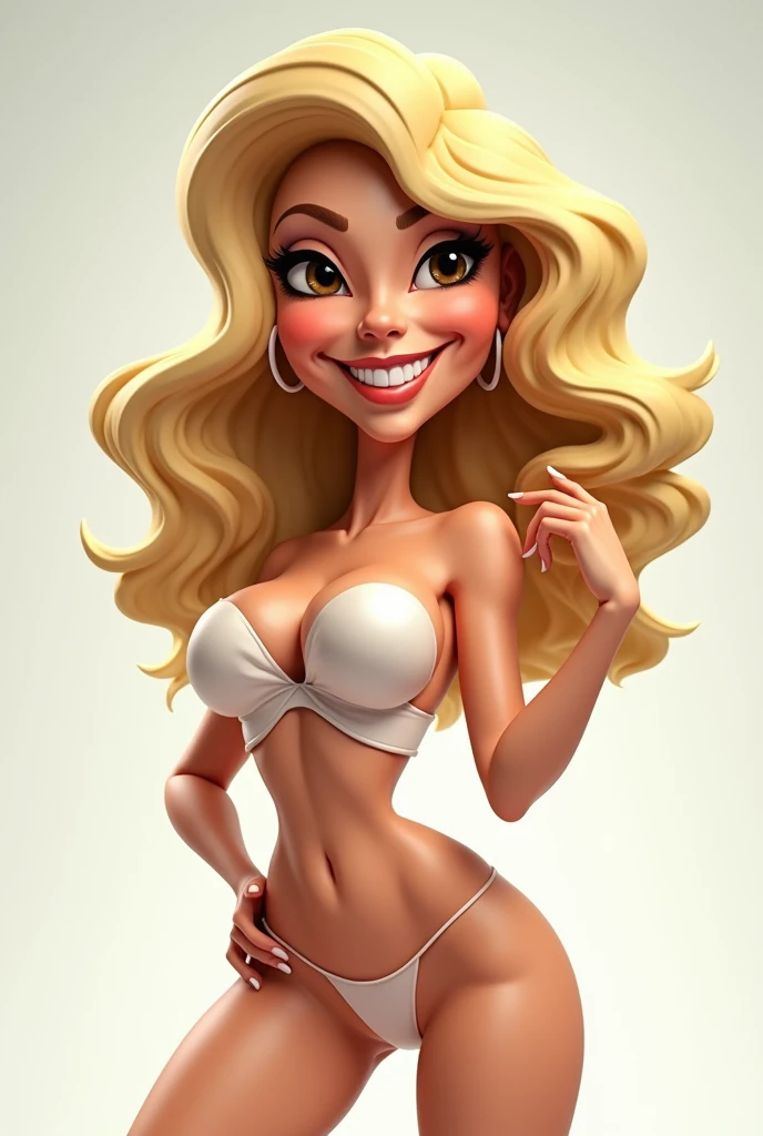 Comic caricature illustration، [a happy blonde woman],Bulma posing sensual, Exaggerated features with oversized head and eyes Hyper-realistic vinyl toy appearance، Caricature art; oversized features, hyper-realistic portrayal