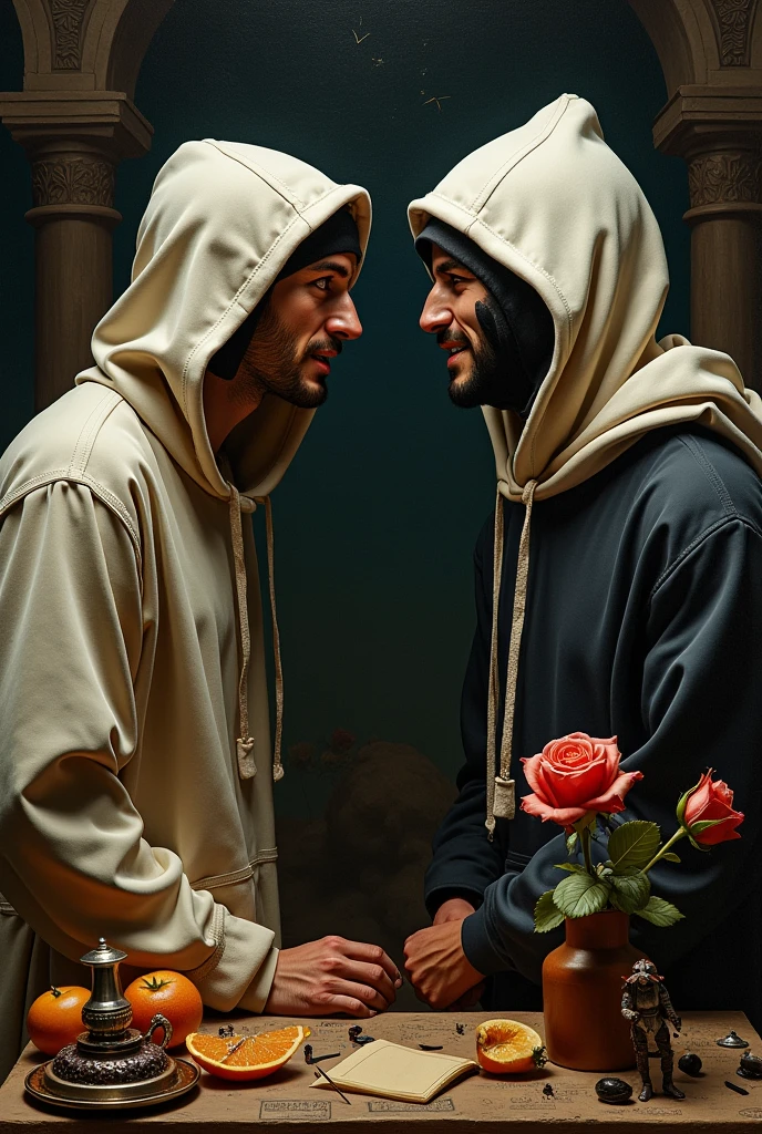 Giorgione&#39;s painting style,Arguments of two hooded men,mathematics、astronomical machine、astronaut、roses in vase、fruits、cute trinkets、smile、modern sports suit、Ancient Roman landscape in the style of Nicolas Poussin,risa,,Sweet and seductive appearance.、Caravaggio&#39;s paintings.、Chiaroscuro of Caravaggio、hair disheveled by the wind, A man with a hood, a man with a balaclava,cute smile, expression of ecstasy,sexy,Erotic
