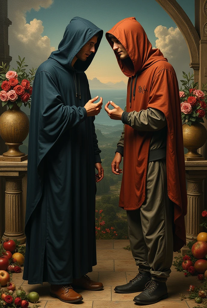 Giorgione's painting style,Arguments of two hooded men,mathematics、astronomical machine、astronaut、roses in vase、fruits、cute trinkets、smile、modern sports suit、Ancient Roman landscape in the style of Nicolas Poussin,risa,,Sweet and seductive appearance.、Caravaggio's paintings.、Chiaroscuro of Caravaggio、hair disheveled by the wind, A man with a hood, a man with a balaclava,cute smile, expression of ecstasy,sexy,Erotic
