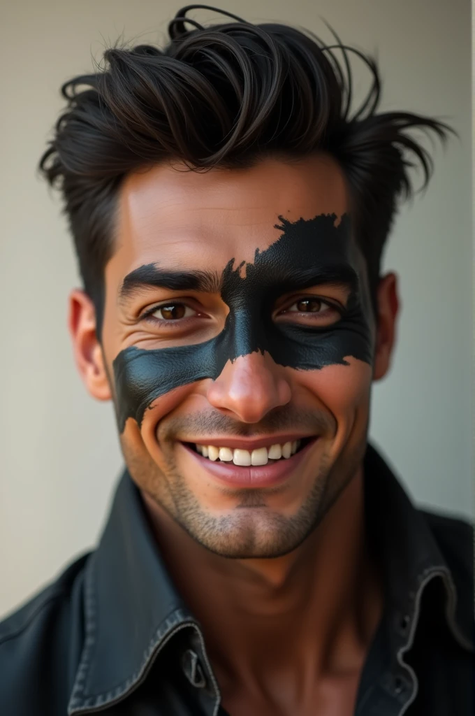 Male character with a black stripe on his face with a smile
